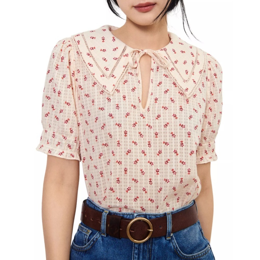 BA&SH Womens Eitan Floral Cotton Top Short Sleeve Keyhole Tie Neck Ecru Medium